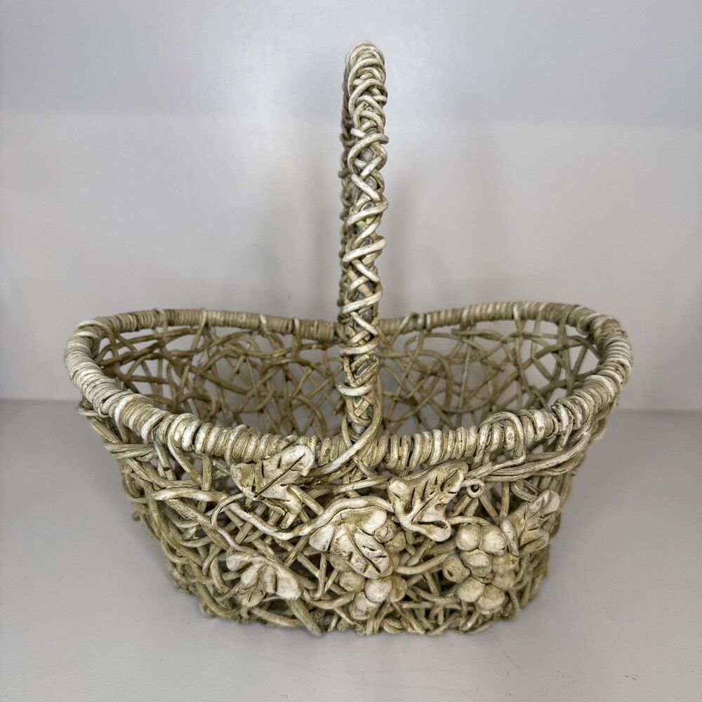 Vintage Wicker Basket With Twisted Vine Handle And Clustered  Grape Motif